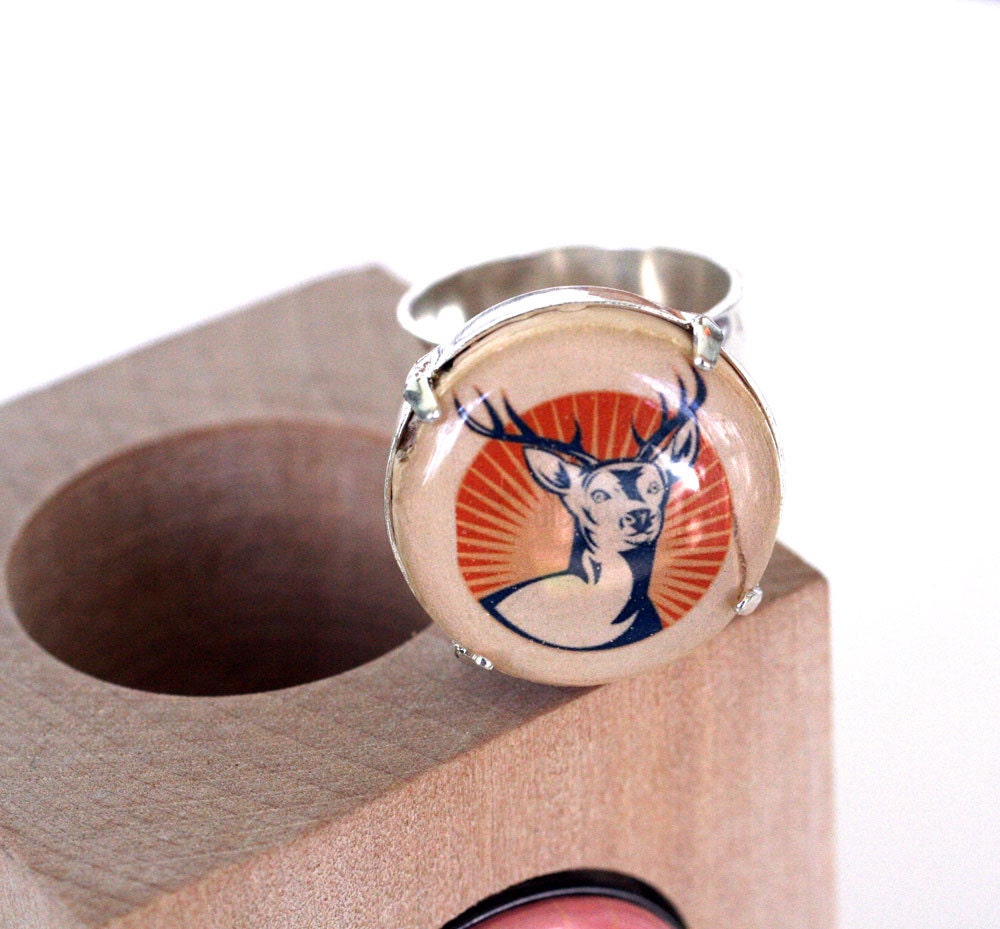 Deer Stag Ring, Adjustable, Hammered Metal, Eco Friendly, Recycled Wine Cork Ring by Uncorked
