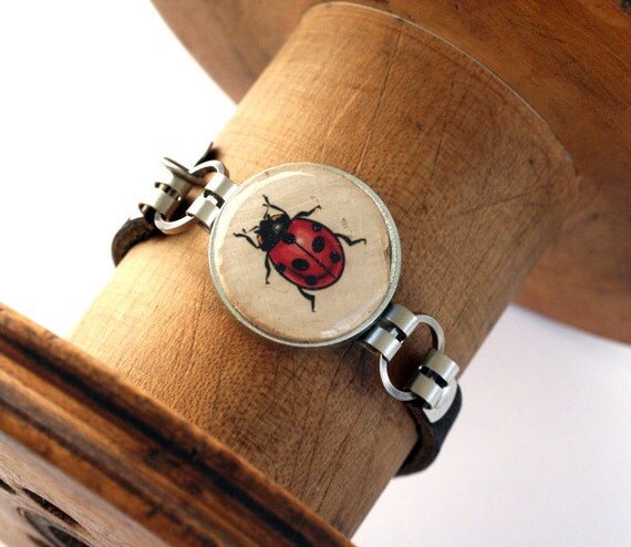 Ladybug Bracelet - Ladybug Jewelry - Wine cork Jewelry - Black, Brown or Tan Leather - Eco Friendly, Custom ALL Sizes by Uncorked