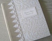White and Ivory Flocked Wedding Photo Album with Beaded Lace, Personalized