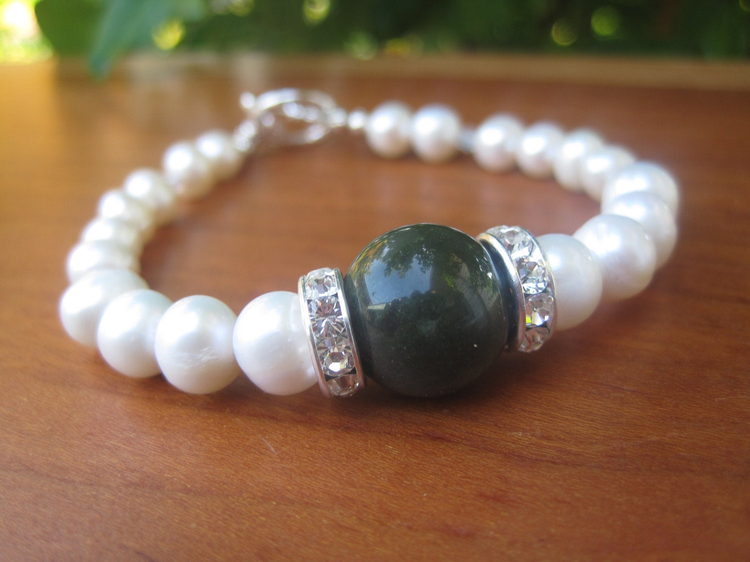 Pearl and Sparkle Green Bracelet - Stone - Statement - Crystal - Medium - Fall Fashion - Funky Jewelry - Ontario Canada