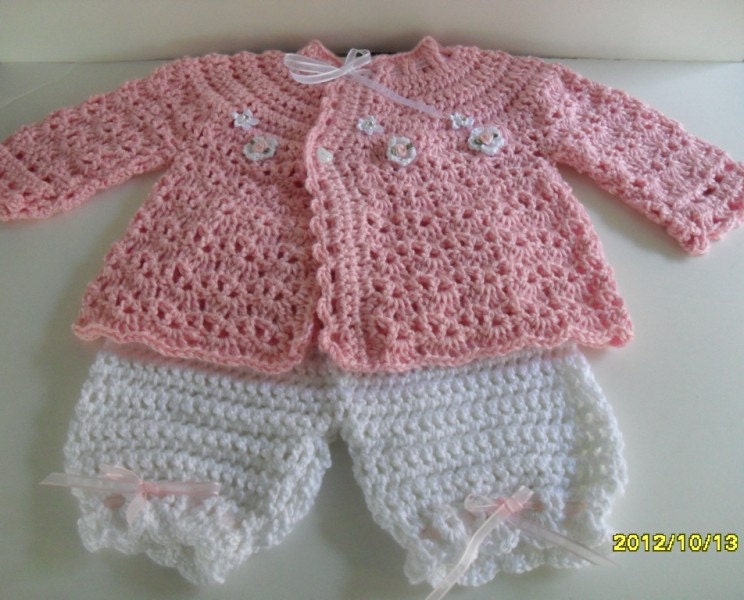 Crocheted set for baby girls 12- 18 months Baby pink cardigan and white bloomers SO CUTE