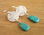 Turquoise Woodgrain Silver Earrings woodgrain texture silver disc OOAK handmade pendant recycled .999 Fine Silver Sterling earwires