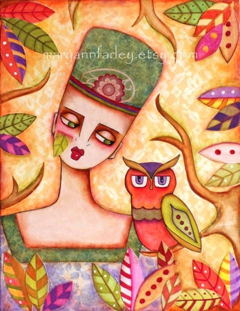 Girl Woman and Owl Art Print, Girl Art, Whimsical Woodland Illustration, 5 x 6.5 Original Art Print, Yellow Orange