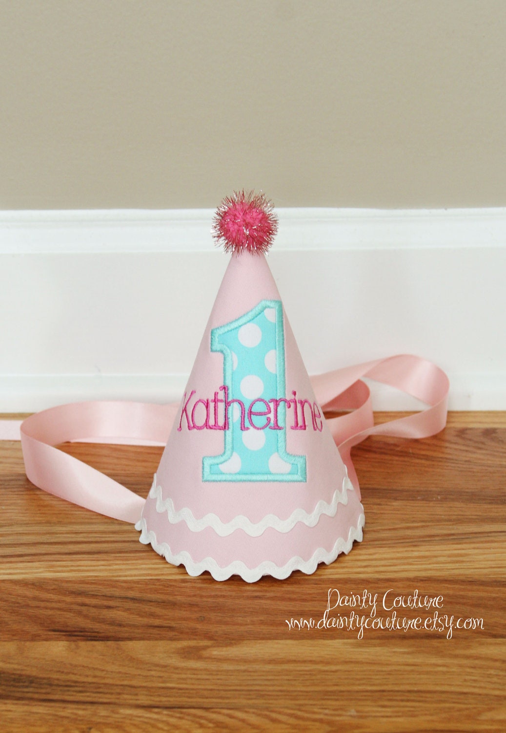 Girl First Birthday Hat - Custom Birthday Party Hat in Michael Miller Ocean Ta Dot and pink- applique and monogram included