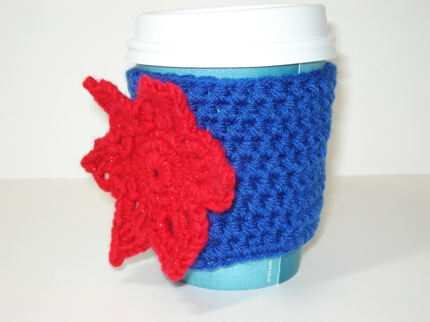 Cup Cozy for Take-Out Cup, Royal Blue with Red Flower - Buy 2 Get 1 Free