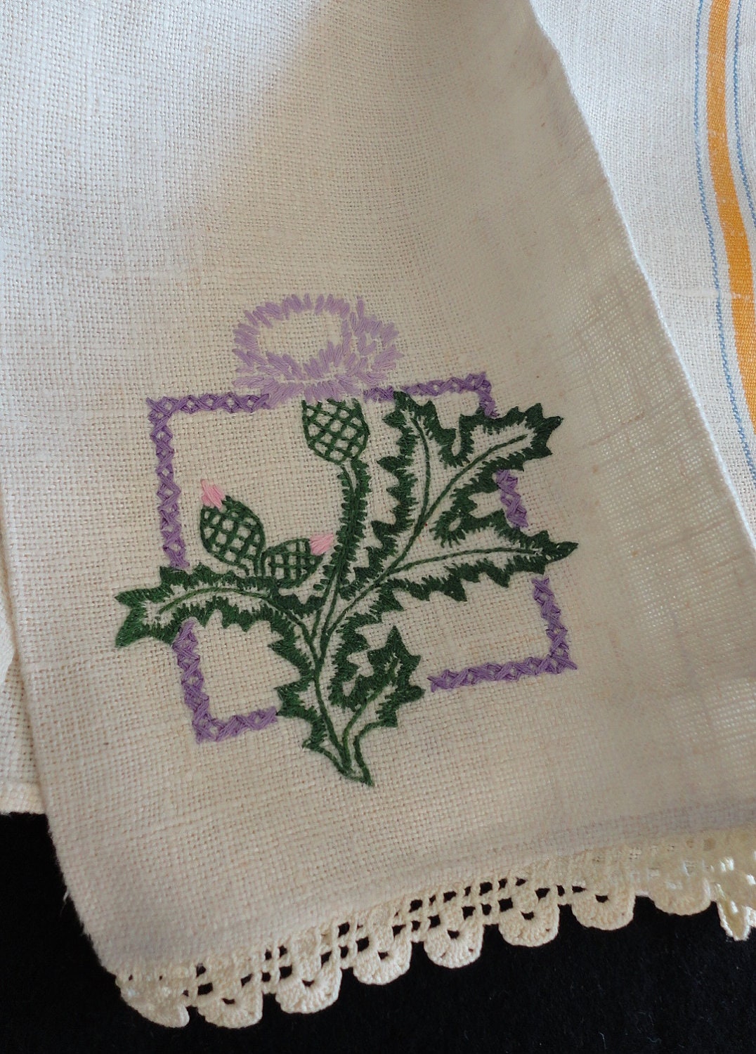Vintage Hand Embroidered Linen Tea Towel Thistle by ustabee