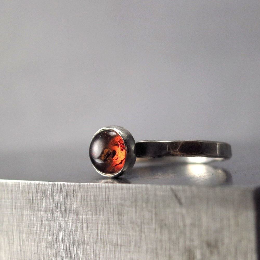 Amber ring hammered Sterling Silver honey brown gemstone Stackable