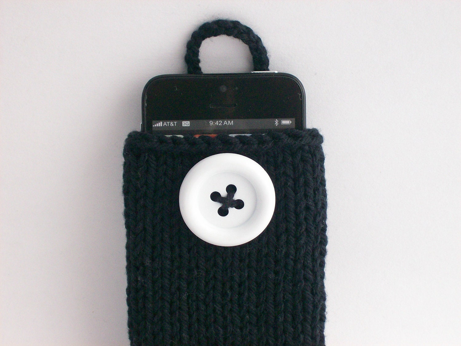 iPhone 5 Case, iPod Touch Sleeve Gadget Cozy Hand Knit Black with Large White Button Crochet Loop Wonderful Gift under 20