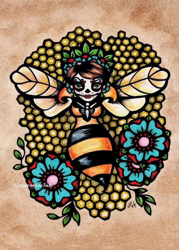 Day of the Dead Art Sugar Skull QUEEN BEE Print 8 x 10