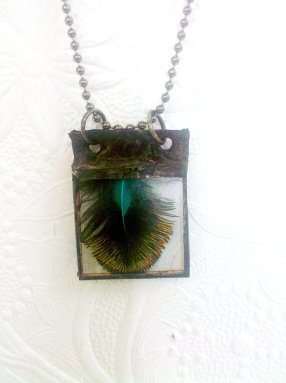 Peacock Feather Necklace, Soldered Glass Feather Necklace, Hipster Blue and Gold Feather Pendant, Gift For Women, Blue Feather Jewelry