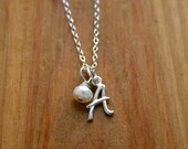 Personalized Sterling silver initial charm necklace with white pearl bead