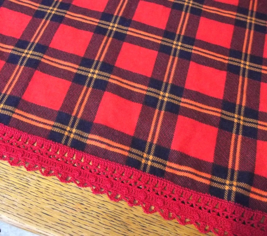 Plaid Table Runner with a Hand Crocheted Lace Edging