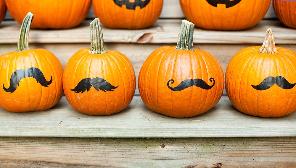 Pumpkin mustache stickers, no carve jack o lantern, Halloween decoration, set of 4