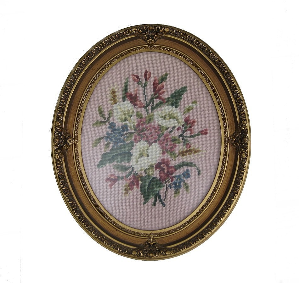 Vintage Floral Needlepoint in Oval Frame - Lilies
