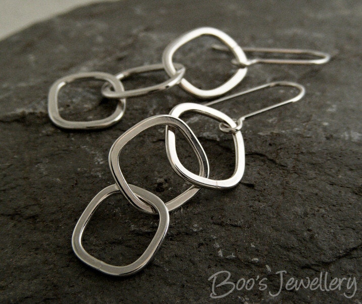Polished Sterling silver chain link earrings featuring square hammered links