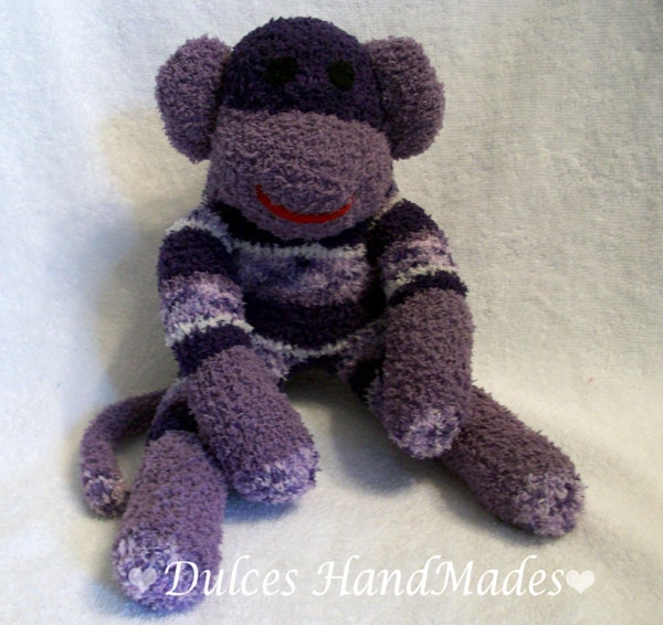 sock monkey plush toy Handmade Stuffed Animal Doll Baby medium purple lavender and  white
