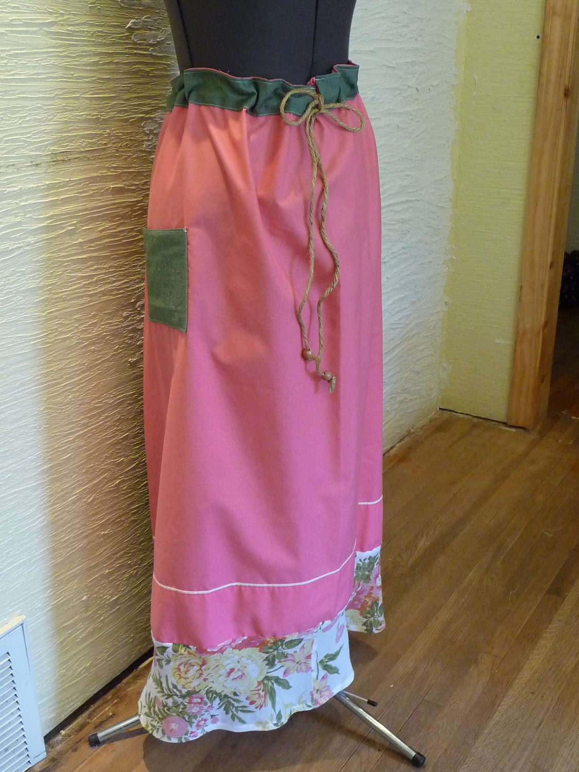 Pink Skirt Handmade Long Skirt Unique Clothing Recycled and Vintage Fabric Pink Green Flowers Drawstring Wooden Beads