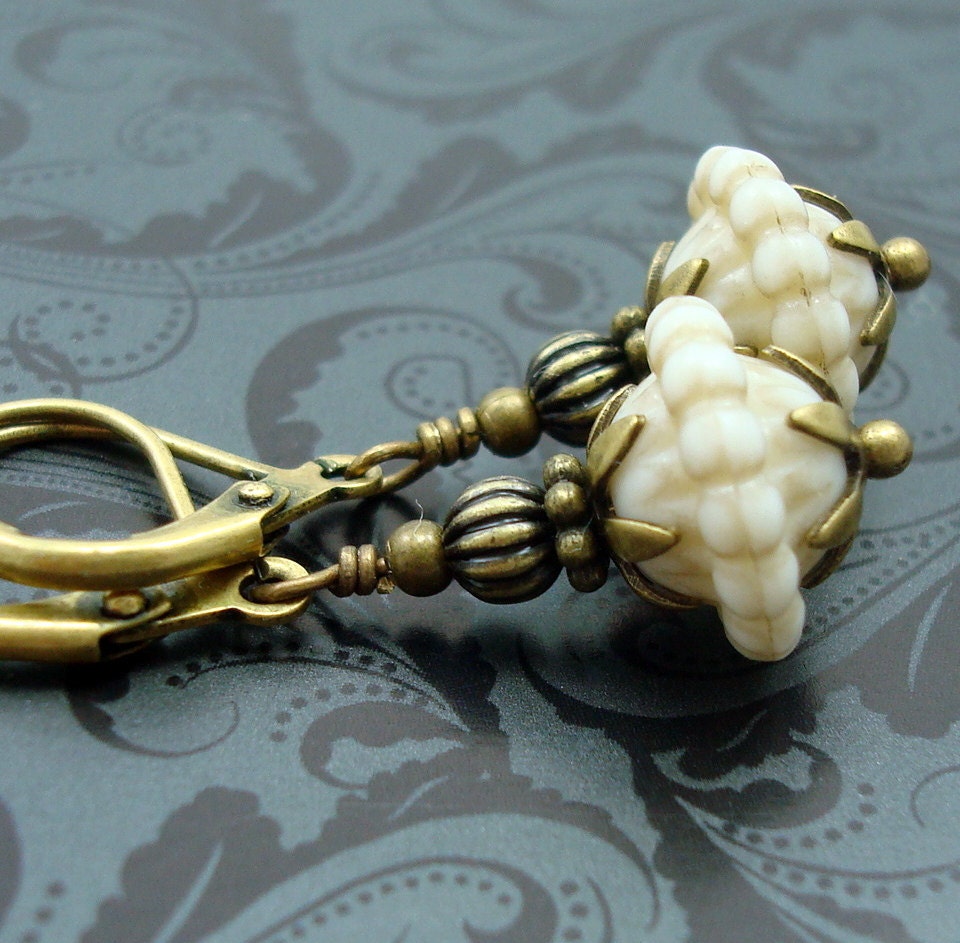 Vintage Inspired Earrings with Vintage Beads, Cream Earrings, Neo Victorian Jewelry, Brass Jewelry