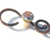 Rainbow Spiral- Handmade lampwork glass bead and copper- small  s clasp closure in ivory and rainbow raku - Genea