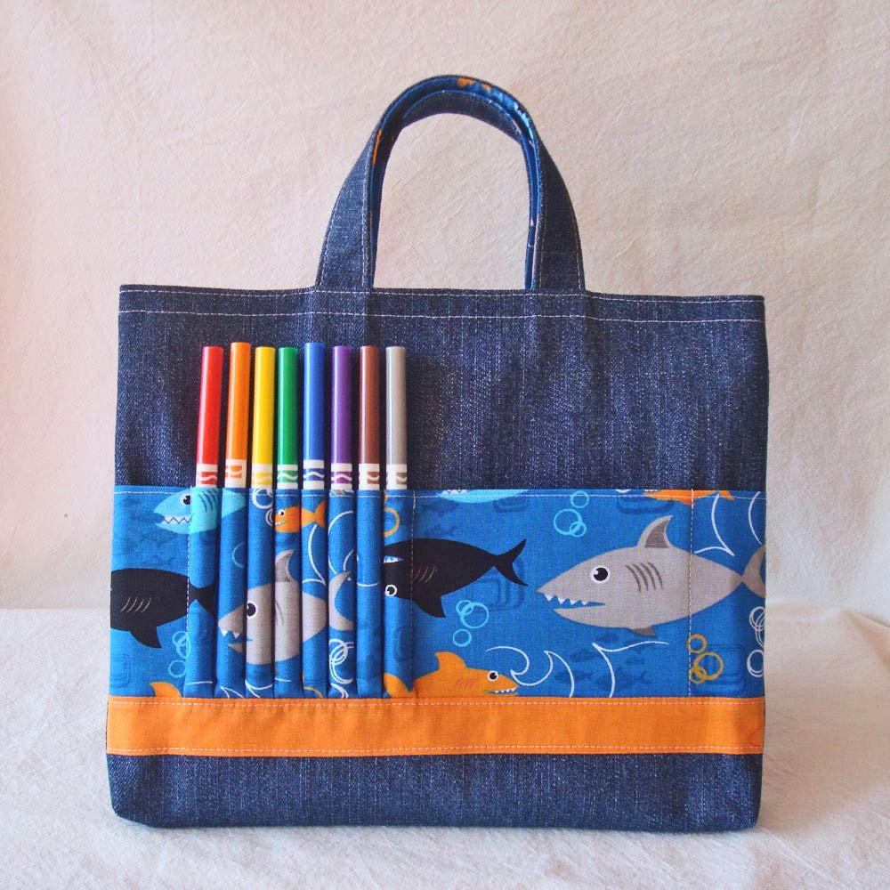 ARTOTE Coloring Travel Tote Crayon Bag Crayon Tote in Shark Attack