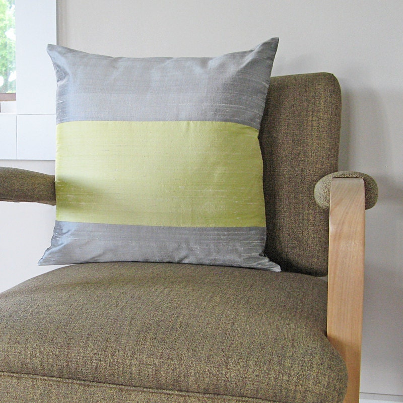 Chartreuse and Gray Striped Silk Pillow Cover 18" x 18"