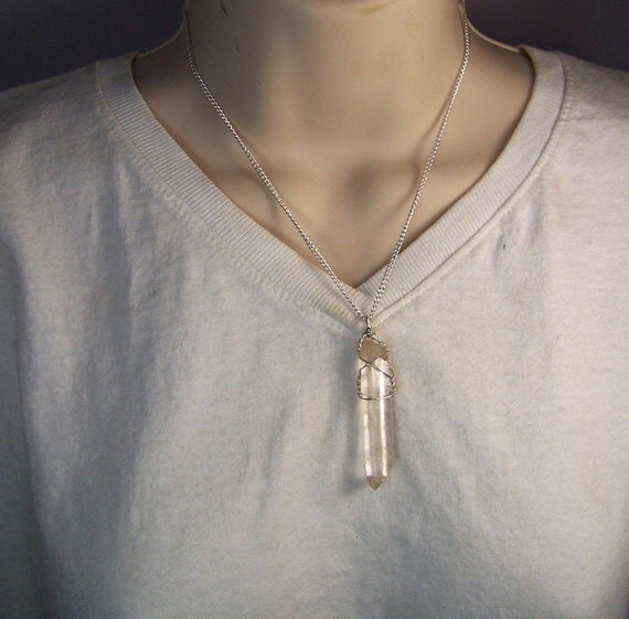 Lemurian Crystal wire wrap necklace pendant, Sterling Silver, on chain - naturally formed Quartz crystal from Diamantina mine in Brazil