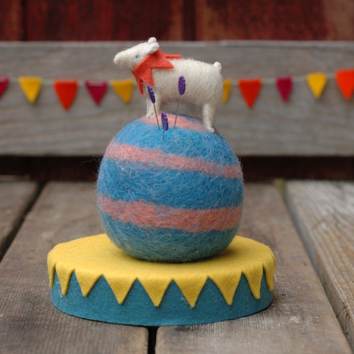 Circus Lamb Pin Cushion in Blue - Needle Felted Farm Fun