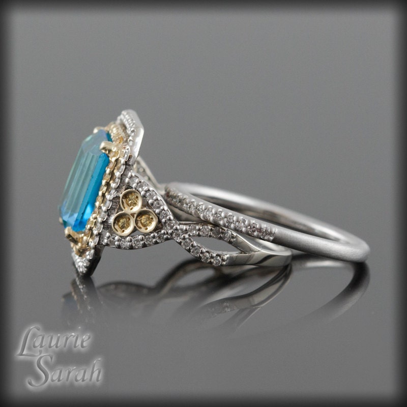 Blue Topaz, Yellow Sapphire, and Diamond Double Halo Engagement Ring with Matching Diamond Wedding Band - LS1904