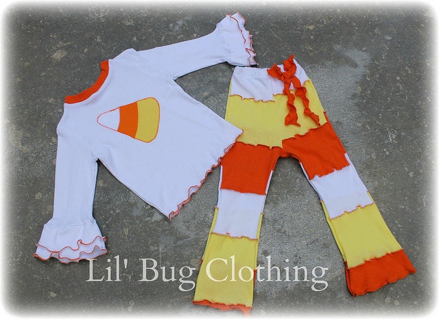 Halloween Candy Corn  Tee Top Custom Boutique Clothing White Yellow Orange Lettuce Edge Comfy Knit Top and Leggings