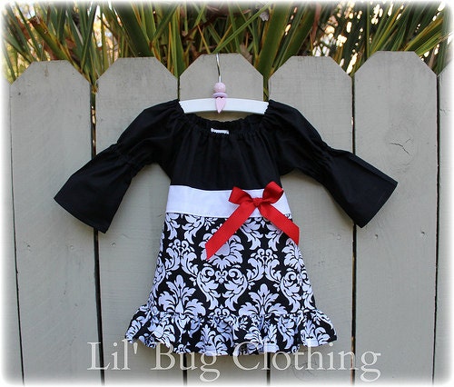 Christmas Holiday Christmas  Custom Boutique Black White  Damask Red Bow Peasant Dress Girl