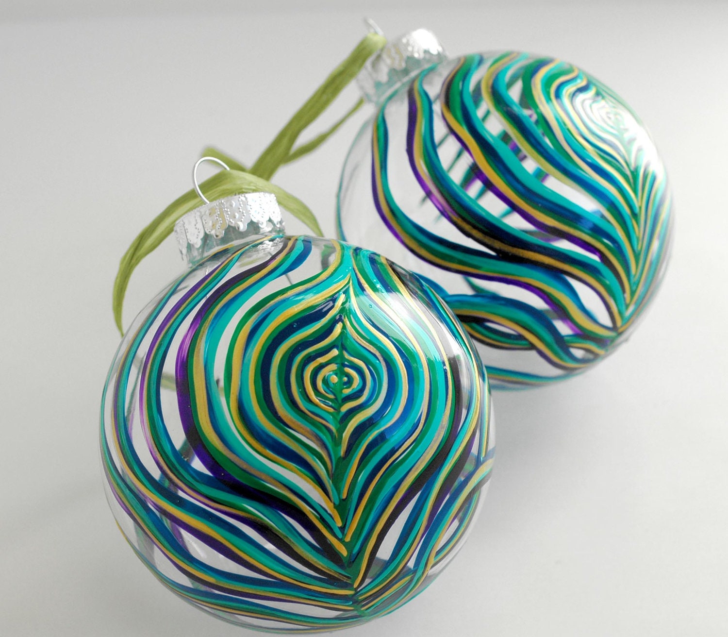 Peacock Feather Glass Ornament--Large Ornament Hand Painted in your choice of Gold or Silver Accents