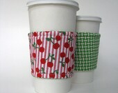 Reusable Reversible Coffee Sleeve - Cherries on stripes with green basket weave