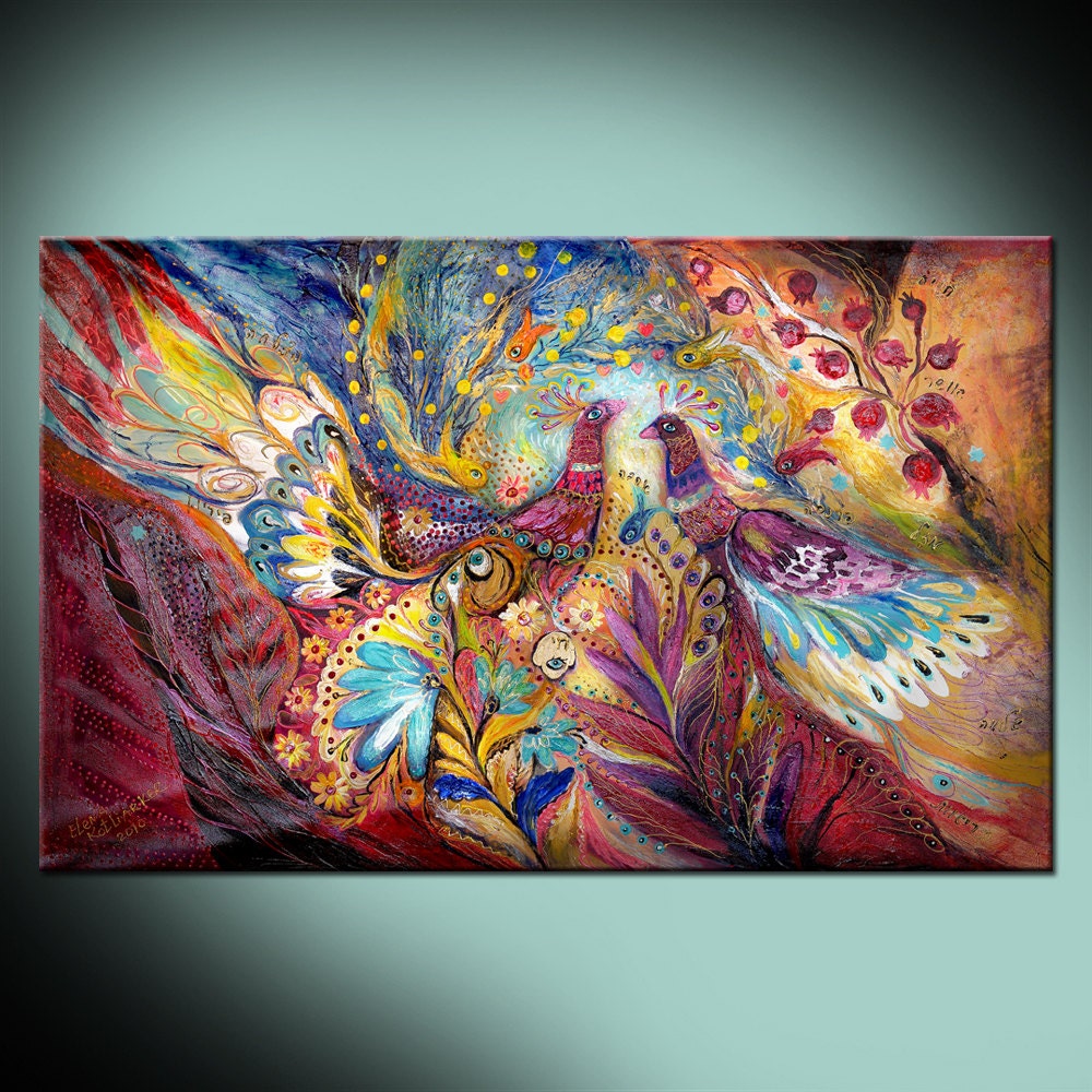 The Sea Wind: canvas print based on Jewish art painting with kabbalah symbols from Israeli artist. Best gift from Jerusalem