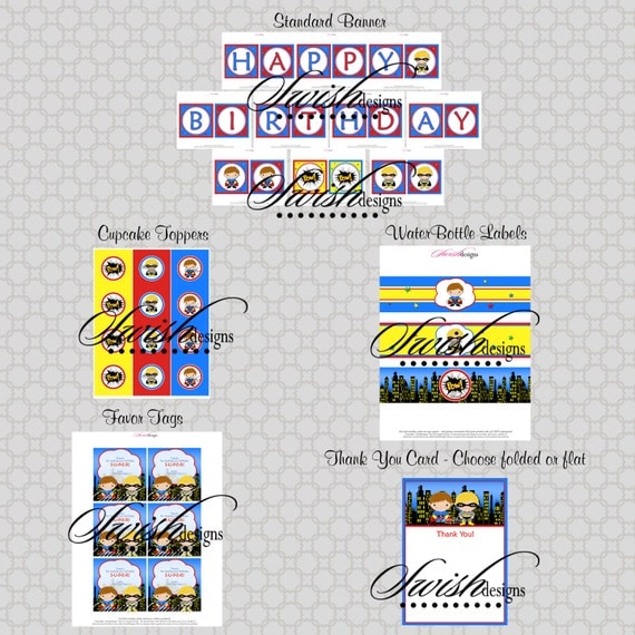 Superhero Printable Party - add-ons. Cupcake toppers, banner, water bottle labels, favor tag and thank you card Il_570xn