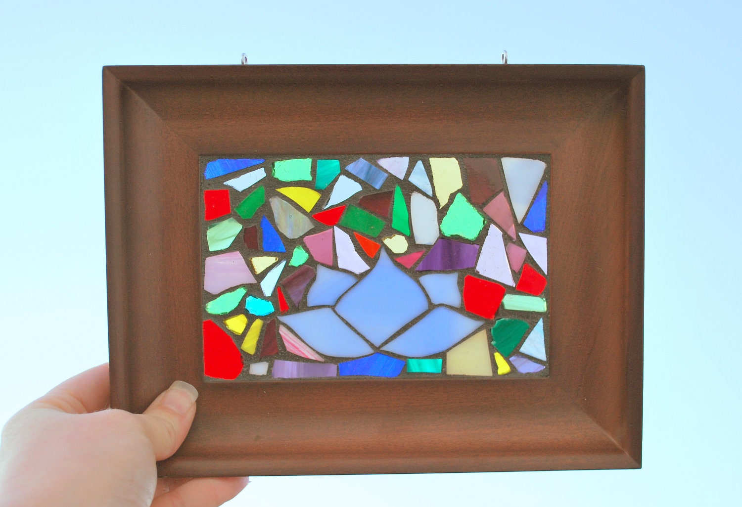 Lotus Flower Stained Glass Mosaic, Recycled /Upcycled Glass & Recycled Wood Frame Organic Water Lily
