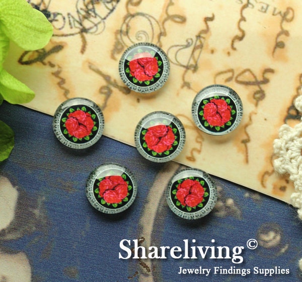 10pcs 12mm Handmade Photo Glass Cabs Cabochons ( Rose )   -- BCH208L