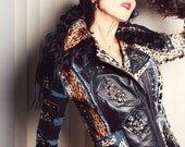 Denim Leather Jacket, studded and spiked, Punk Leopard Coat