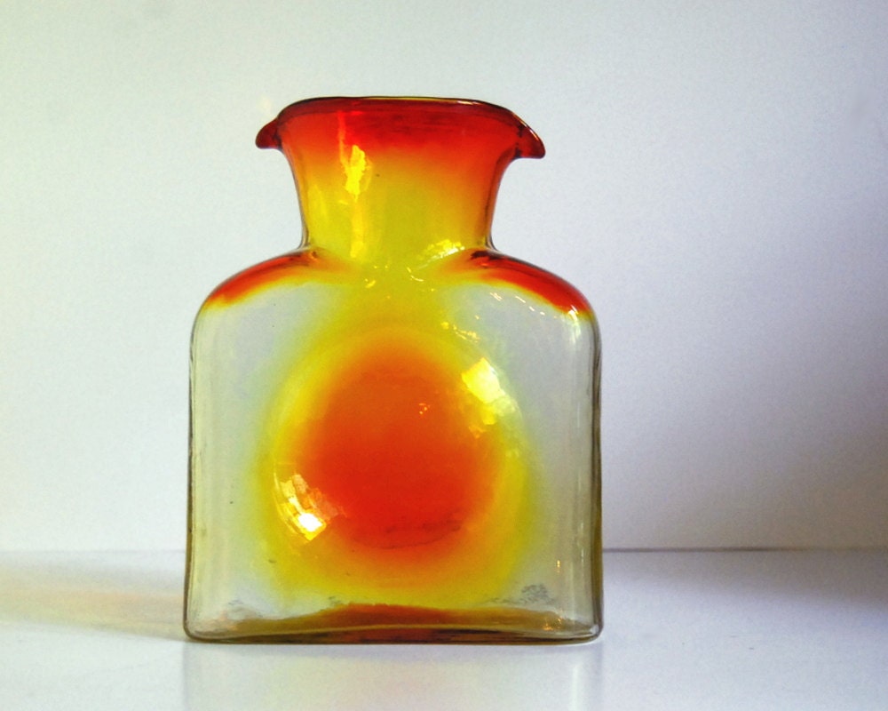 Vintage Blenko Water Bottle Pitcher Tangerine / Amberina Art Glass