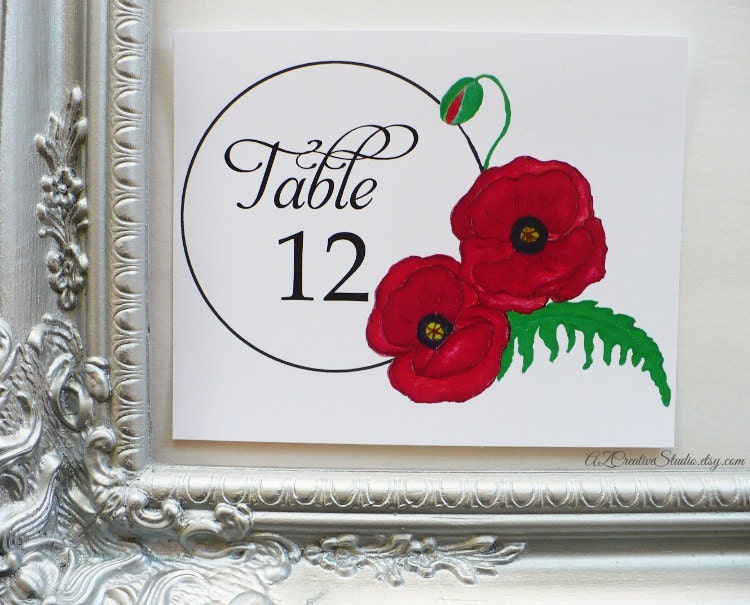 Art Nouveau Table Numbers for Vintage Weddings Receptions Bridal Showers Baby Floral Flowers Red Poppy Poppies Art Nouveau Weddings 1920s