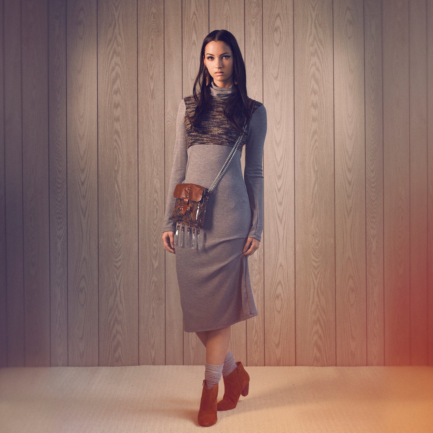 Turtleneck Heather Grey Waffle Knit "Angela" Dress with Knit bodice - XS, S, M, L