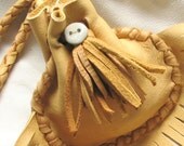 Fringe Bag - Deer Hide Leather Pouch / Medicine Bag w Stone Button