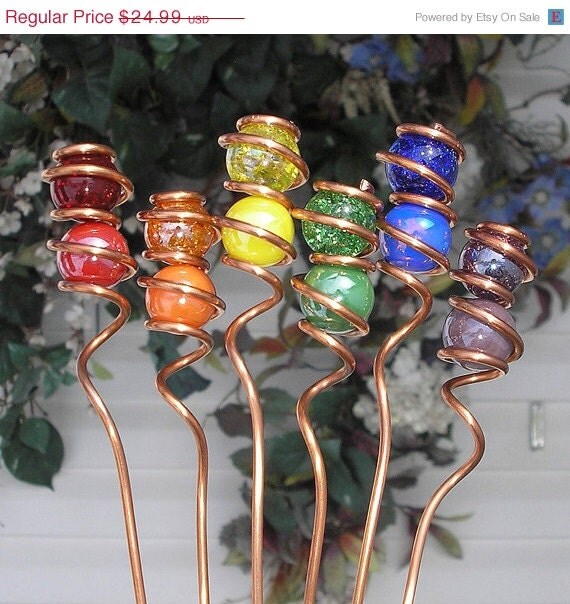 SPRING SALE Double Rainbow Copper Garden Markers - Plant Stake Set - Glass Yard Art Whimsy Sticks