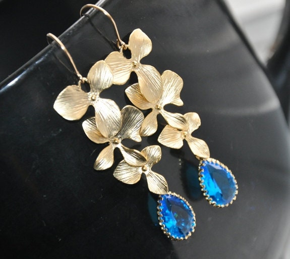 Dangle Earrings, Gold Earrings, Orchid Flowers, Blue Faceted Glass, Gold Filled Ear Wires, Nature Inspired, Wedding Jewelry