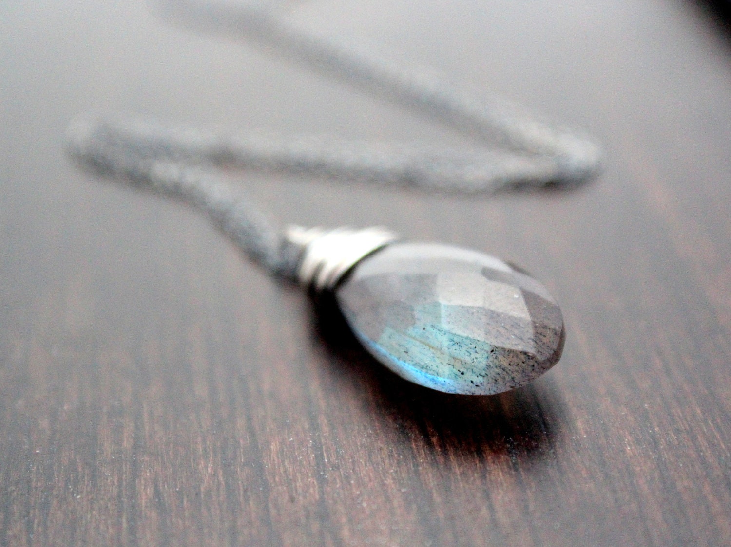 Labradorite Silver Necklace, Blue Gray Flash Gemstone Pendant, Semiprecious Fashion
