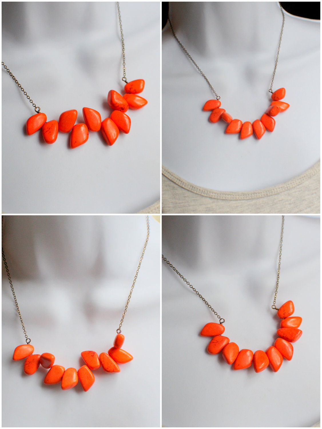 Lava Turquoise Bib Necklace - Genuine Red-Orange Turquoise Statement Necklace In Antiqued Brass