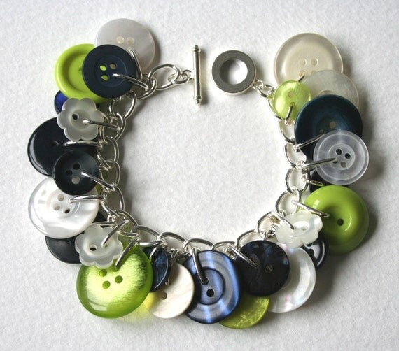 Lime Navy and Pearl Button Charm Bracelet