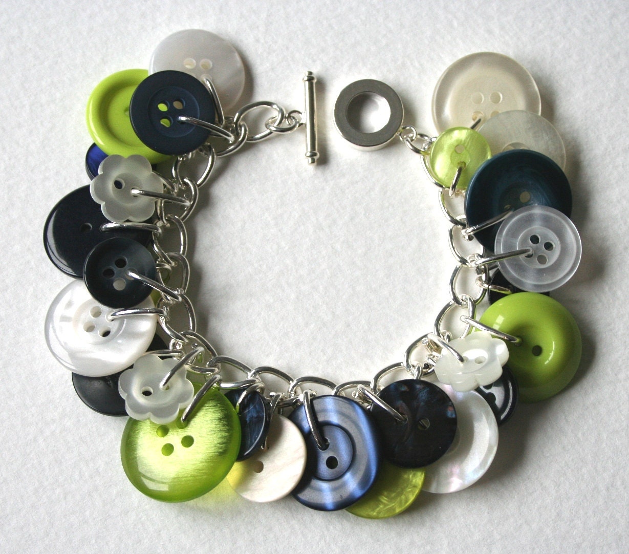 Lime Navy and Pearl Button Charm Bracelet