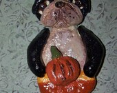Folk Art Primitive Boston Terrier Dog Candy Corn Halloween Ornament Boy Doll 3D Art Doll