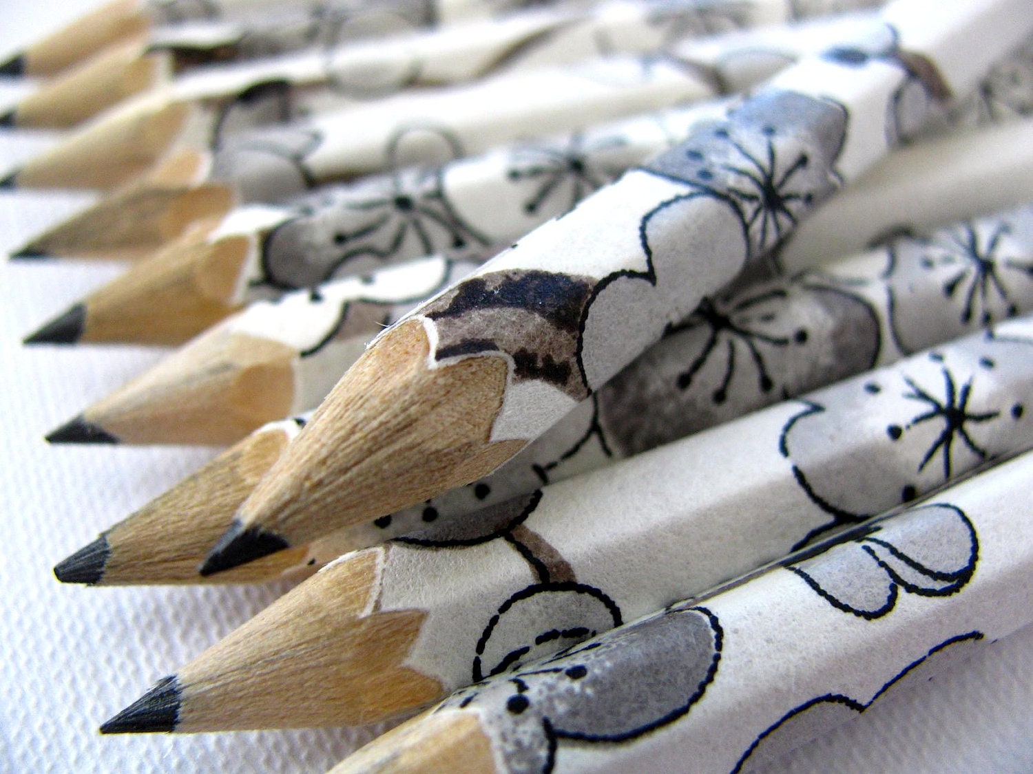 mini pencils made with japanese paper - set of 10 - sumi-e blossoms