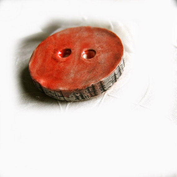Handmade Ceramic Button in Rustic Red bark look sides